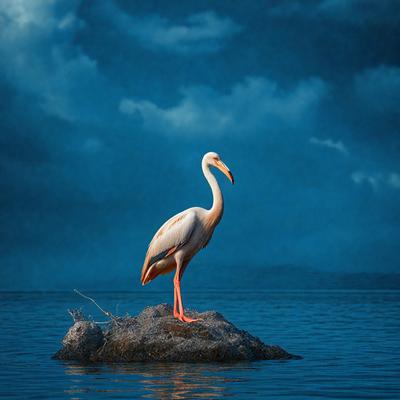 The primary subject of the image is a white bird standing on a rock in the water. The bird appears to be a large white bird, possibly a pelican, with a long beak. The setting is a body of water, possibly an ocean or a lake, with a cloudy sky in the background. The visual style of the image is a photo, capturing the bird in its natural habitat. The colors in the image are predominantly blue and white, creating a calm and serene atmosphere.